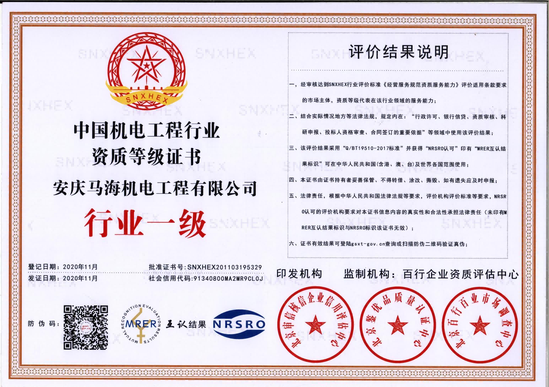 機(jī)電工程行業(yè)一級(jí)證書(1)